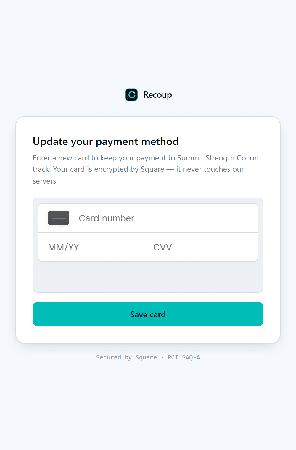 The hosted customer card-update page, branded for the seller, with Square’s secure card form